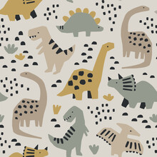 Hand Drawn Seamless Pattern With Dinosaurs And Abstract Shapes. Colorful Dino Design. Perfect For Kids Fabric, Textile, Nursery Wallpaper. Cute Dino Design. Vector Illustration.