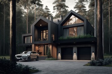 Sofisticated modern European two story house in the woods. Generative AI AIG15.