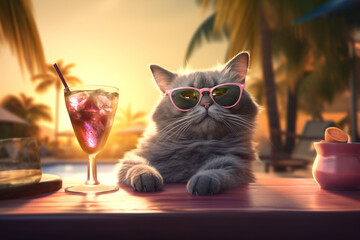 Animals, travel and vacation concept. Funny and cute looking cat on vacation relaxing near pool with exotic and tropical cocktail. Pet wearing sunglasses. Generative AI