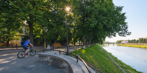 Wall Mural - river embankment at sunrise. cityscape in summer. linden alley in full blossom