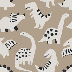 Wall Mural - Cute dinosaur seamless pattern. Perfect for kids fabric, textile, nursery wallpaper. Hand drawn dino design. Vector illustration.