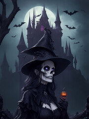 Wall Mural - halloween poster of a Witch with mysterious castle and cemetery grave background, Generative AI	