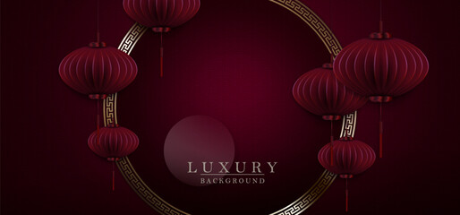 Wall Mural - Burgundy design with round frame, air lanterns in paper art style