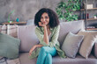 © deagreez - Portrait photo of young gorgeous lady cute nice pretty smile touch cheek posing sitting couch indoors living room isolated indoors