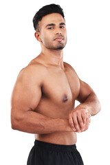 Canvas Print - Bodybuilder, muscle and portrait of man in fitness, training or confident from exercise on transparent, isolated or png background. Gym, model or male athlete pose with sexy arms, body or health