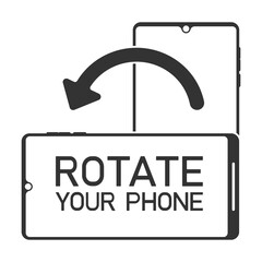 Illustation of a smartphone icon in black with the message rotate your phone over white background.