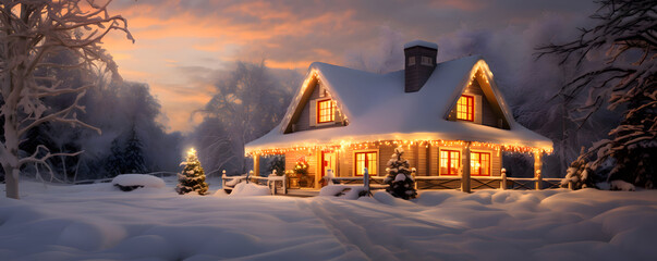 Wall Mural - A cosy warm cottage into a snowy landscape with christmas lights - Christmas winter theme - Generative AI