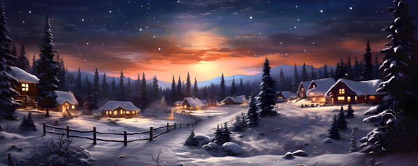 Wall Mural - A cosy warm village into a snowy landscape with christmas lights - Christmas winter theme - Generative AI