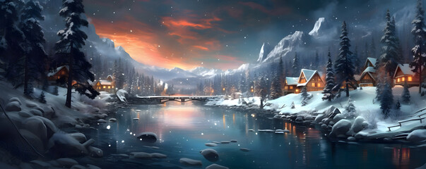 Wall Mural - A cosy warm village into a snowy landscape with christmas lights - Christmas winter theme - Generative AI