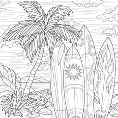 Wall Mural - Surfboards on the beach near the palm tree.Coloring book antistress for children and adults. Illustration isolated on white background.Zen-tangle style. Hand draw