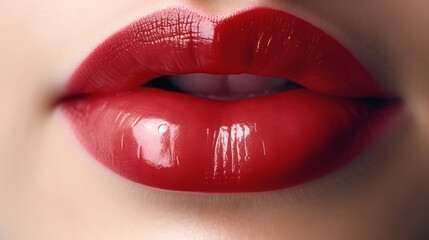 Extreme close-up of Caucasian woman lips with bright red lipstick