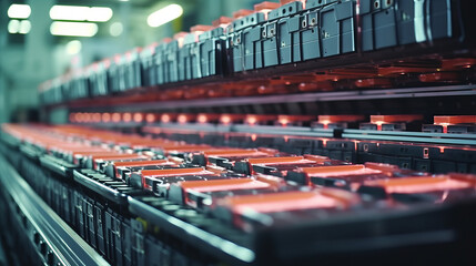 mass production assembly line of electric vehicle battery cells close-up view