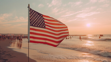 Flag of the United States of America waving on the beach. Independence Day of the United States. July 4th. Generative AI