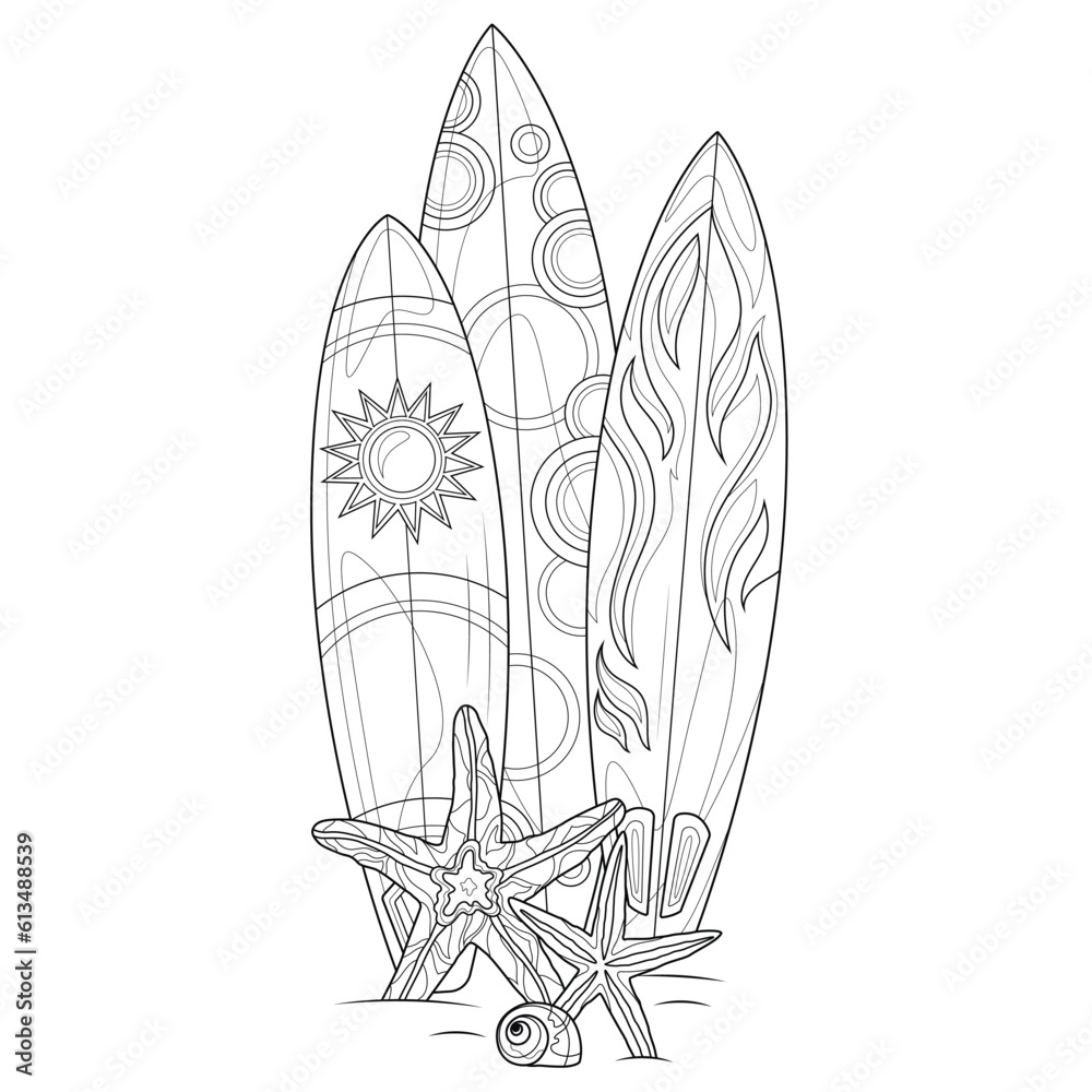 Surfboards and starfish.Coloring page antistress for children and ...