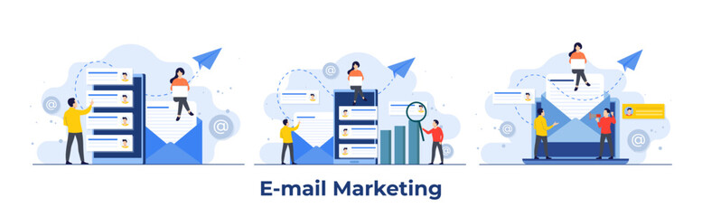 set of email marketing campaign flat illustrations, online business strategy, advertising, email new