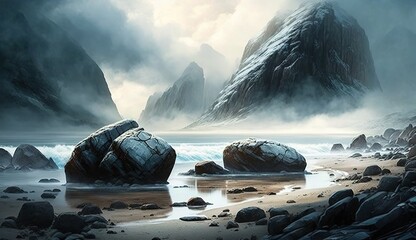 Wall Mural - Stunning rock formations on the beach in front of a misty sea and distant mountains Generative AI