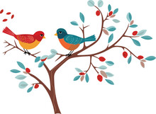 Two Birds Sitting On The Tree Illustration For Wall Art And Decoration
