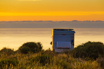 Poster - Caravan on nature in the morning at sunrise