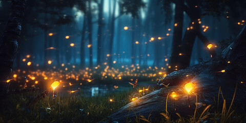 Surreal Firefly Wonderland: Luminous Beauty in an Enchanting Landscape. 