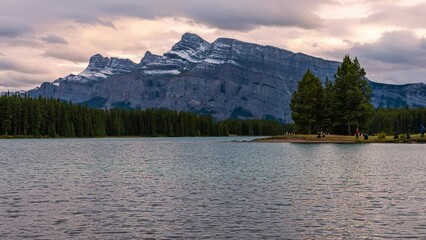 Wall Mural - Sunset sky over Mount Rundle at Two Jack Lake reflection in Banff national park