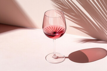 Red wine glass pink color glass on beige background with palm leaf shadow, glare at sun. Summer rest concept. Dry wine in glassware. Creative top view, pastel colors. AI Generative