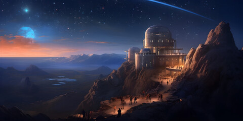 Wall Mural - a bustling observatory atop a mountain peak, with astronomers peering through powerful telescopes at