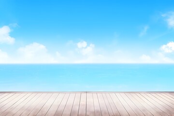 Blue sky with wood floor. abstract on vacation summer ocean beach. Generative AI