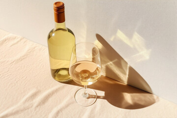 Flat lay with white wine bottle, set glasses wine with sunshine shadow and flare on light beige background. White wine aesthetic photo, copyspace. Summer holiday still life. AI Generative