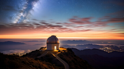 Wall Mural - a bustling observatory atop a mountain peak, with astronomers peering through powerful telescopes at
