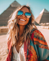 Beautiful young woman portrait with sunglasses and influencer look smiling in front of the Egyptian pyramids in a sunny day. Travel and enjoy vacations concept