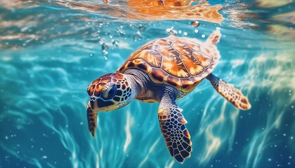 Wall Mural - Close up on Diving Baby Sea Turtle in Turquoise Water Generative AI