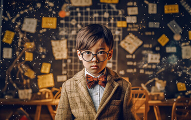 schoolboy surrounded by numbers, equations and mathematical operations, thoughtful and concentrated 