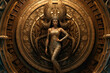 Opulent egyptian goddess infront of a circular Celtic maze