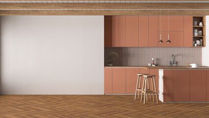 Canvas Print - Minimal japandi kitchen in wooden and orange tones. Mockup with copy space. Island with stools, accessories and herringbone parquet. Clean interior design