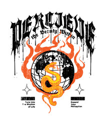 hand drawn illustration for t shirt graphic depicts a globe engulfed in flames, with a snake coiling around it, while dripping ink forms the slogan wording, creating a captivating poster art