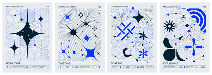 futuristic retro vector color minimalistic posters with 3d strange wireframes form graphic of geomet