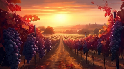 Wall Mural - Detail view of vineyard with ripe grapes at sunset. Beautiful grapes ready for harvest. Generative Ai