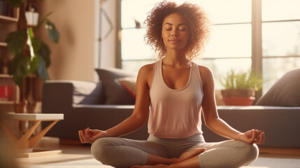 Young woman meditates at home doing yoga created with generative AI technology