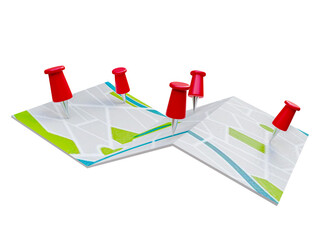 Fototapete - Folded maps navigation with red color point markers map. World travel pin location on a global map for travel tourism trip planning world tour. 3d rendering