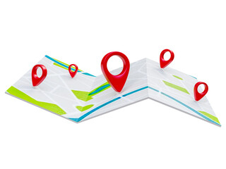 Fototapete - Folded maps navigation with red color point markers map. World travel pin location on a global map for travel tourism trip planning world tour. 3d rendering