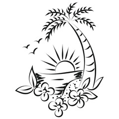 Sticker - Beach scenery line illustration. Palm tree line drawing for print or use as poster, card, flyer or T Shirt