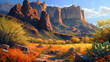 yellow wildflowers at the base of the Superstition Mountains. Generative Ai