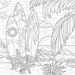 Surfboards on the beach.Coloring page antistress for children and adults. Illustration isolated on white background.Zen-tangle style