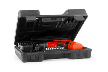 Black plastic tool box isolate white background