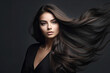 © fotoyou - Portrait of Beautiful Brunette Woman with Long Straight Hair. AI generative. Hair Flying in the Wind. Copy Space.