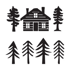 Set of log cabin and alpine fir tree vector illustrations. Masculine outdoor travel in nordic linocut chalet in Scandinavian holiday group