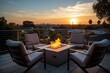 concept of relaxation and communication Outdoor backyard fire pit with grey modern outdoor furniture chairs seating on a sunset residential house terrace generative ai