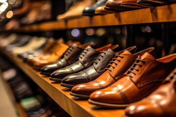 A close - up shot of a rack of shoes in a high - end shoe store.  Generative AI