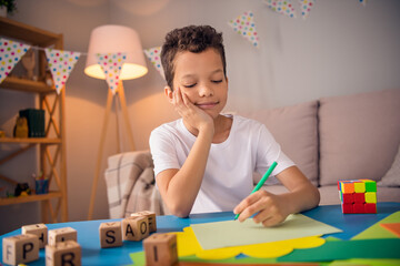 Wall Mural - Portrait of charming happy cute small boy drawing remote lesson wear white shirt stylish bright child room interior furniture decoration