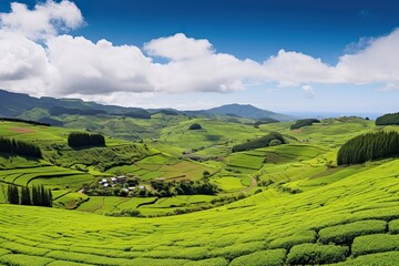 A Mesmerizing Panoramic View of a Peaceful Tea Plantation on São Miguel Island, Azores, Portugal: Generative AI